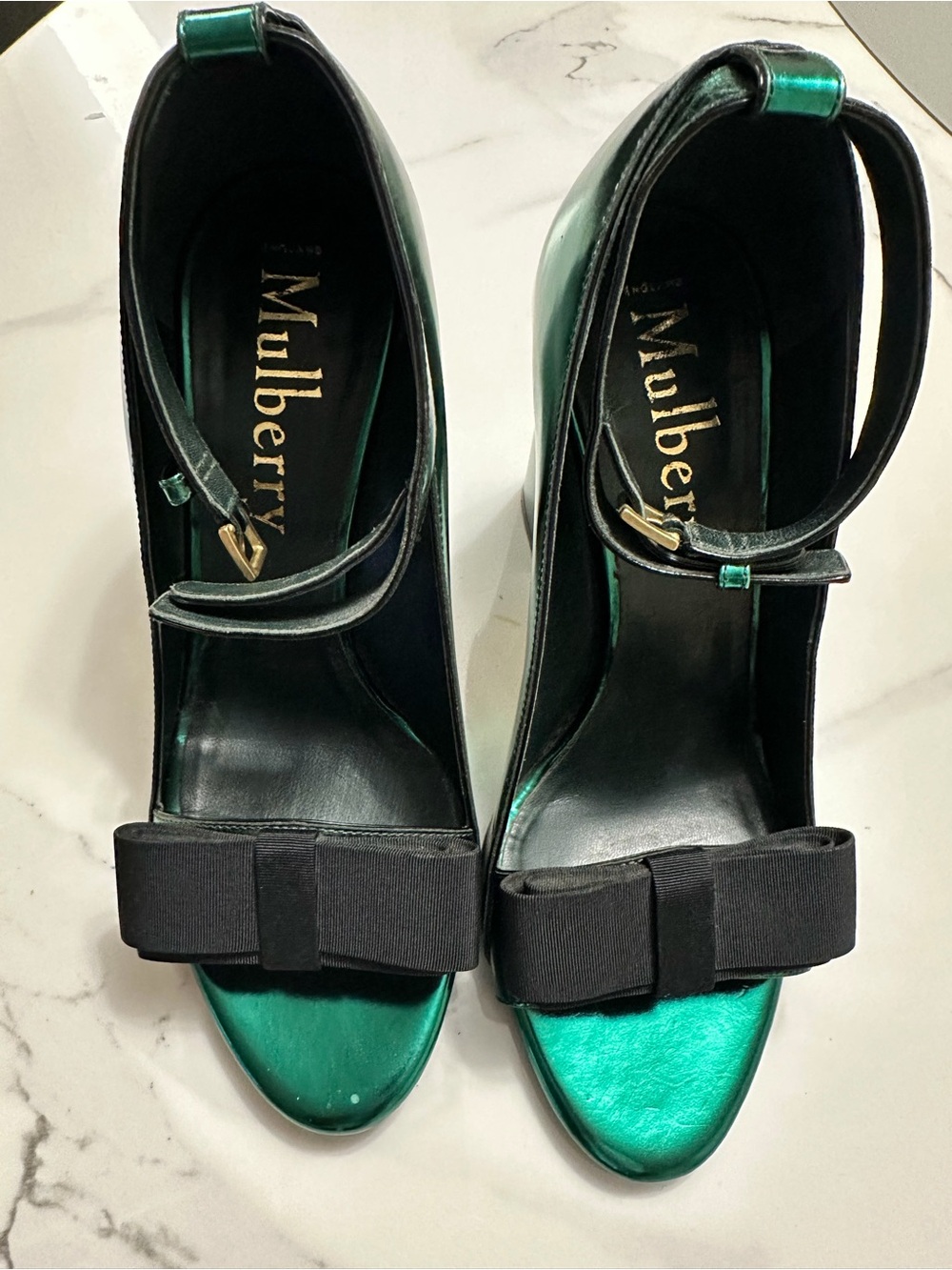 Mulberry Metallic Emerald Green Ankle-Strap Bow Heels
